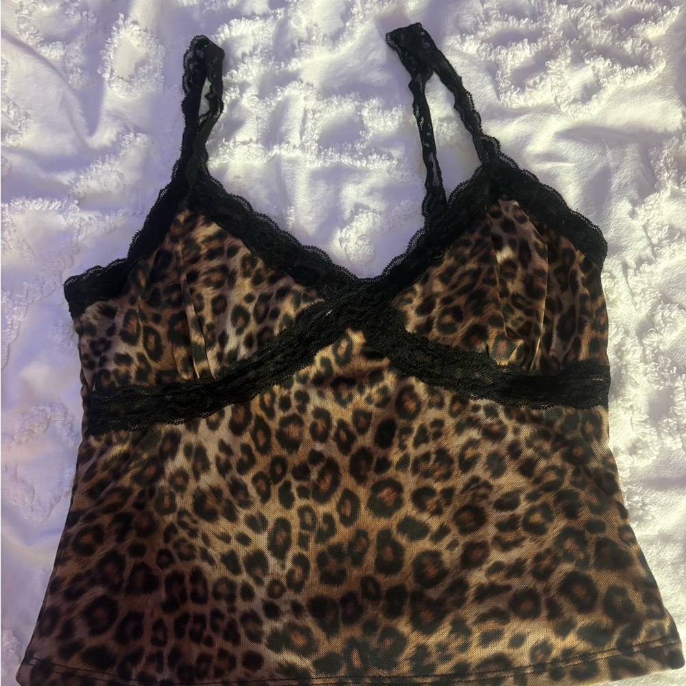 SHEIN Leopard Print Tank Top with Black Lace